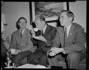 Adlai Stevenson drinking tea with his two sons John Fell Stevenson and Borden Stevenson