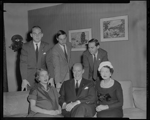 Nancy Anderson Stevenson, Adlai Stevenson, and Rose Kennedy seated on sofa with Adlai Stevenson III, John Fell Stevenson, and Borden Stevenson standing behind them