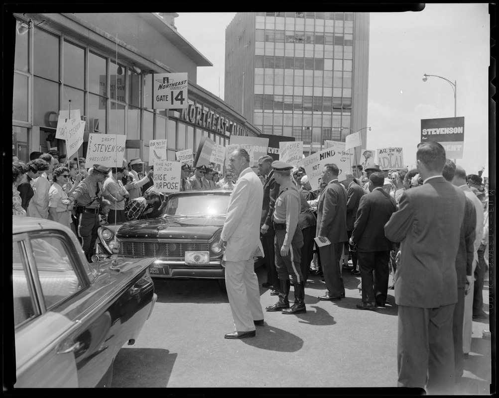 Adlai Stevenson motorcade and crowds waiting for arrival at airport