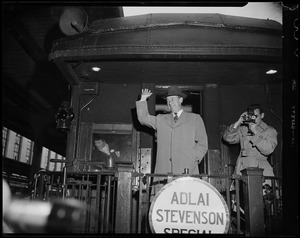 Adlai Stevenson waving from the back of the "Adlai Stevenson Special" train