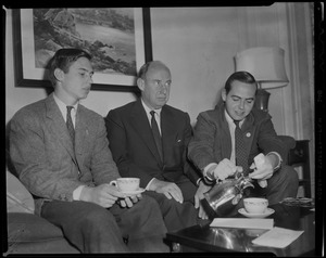 Adlai Stevenson drinking tea with his two sons John Fell Stevenson and Borden Stevenson