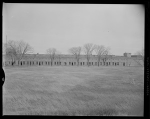 Exterior view of Fort Warren building behind a row of trees