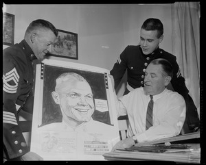 Bob Coyne, John H. Glenn and one other man holding portrait of Lieutenant Colonel John H. Glenn Jr.