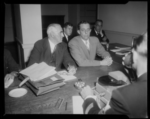 Captain K. Langballe (right), skipper of the Black Falcon with another man at Black Falcon, S.S. Norwegian ship explosion hearing