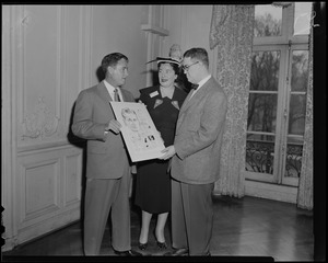Curt Gowdy, Helen Horrigan, and Benjamin Bartzoff with Bob Coyne drawing
