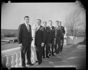 Governors J.H. Chafee (RI), J.H. King (NH), J.N. Dempsey (CT), J.H. Reed (ME), Endicott Peabody (MA) and P. H. Hoff (VT) posing outside at the American Academy of Arts-Sciences, Brookline