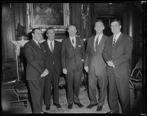 Governors J.N. Dempsey (CT), J.H. King (NH), J.H. Reed (ME), Endicott Peabody (MA) and J.H. Chafee (RI) posing inside at the American Academy of Arts-Sciences, Brookline
