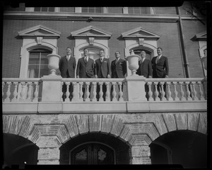 Governors P. H. Hoff (VT), Endicott Peabody (MA), J.H. Reed (ME), J.N. Dempsey (CT), J.H. King (NH) and J.H. Chafee (RI) posing on balcony at the American Academy of Arts-Sciences, Brookline