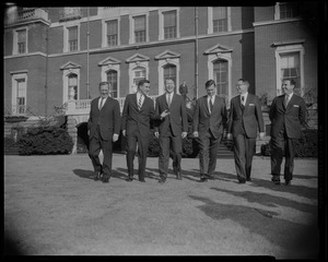 Governors J.H. King (NH), J.H. Chafee (RI), P. H. Hoff (VT), Endicott Peabody (MA), J.H. Reed (ME), and J.N. Dempsey (CT) walking the grounds of American Academy of Arts-Sciences, Brookline