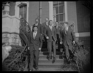 Governors J.H. Chafee (RI), P. H. Hoff (VT), Endicott Peabody (MA), J.H. King (NH), J.H. Reed (ME) and J.N. Dempsey (CT) on stairs outside at the American Academy of Arts-Sciences, Brookline