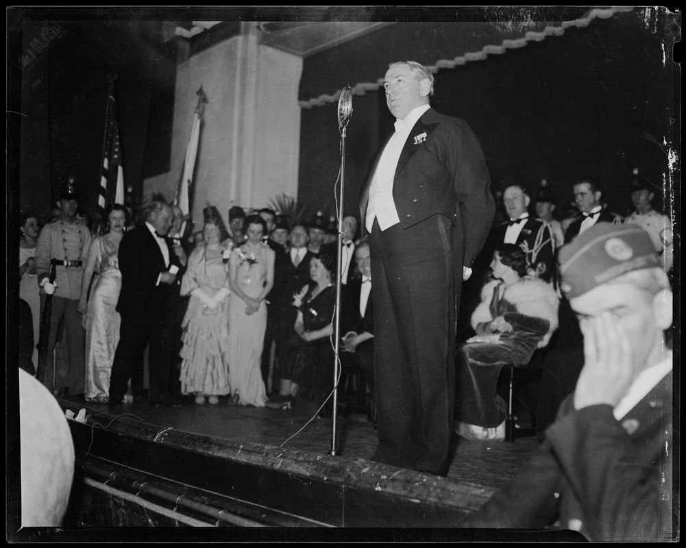 Governor James Michael Curley at microphone, addressing the attendees