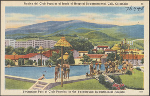 Piscina del Club Popular al fondo el Hospital Departmental, Cali, Colombia