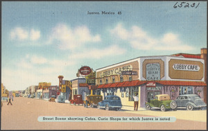 Juarez, Mexico, street scene showing cafes, curio shops for which Juarez is noted