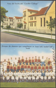 Vista del frente del "Candler College". Groupo de alumnos que compitieron en base ball, basket ball y track