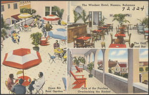 The Windsor Hotel, Nassau, Bahamas. The grill and bar. Open air roof garden. One of the porches overlooking the harbor