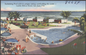 Swimming pool with its unique setting overlooking the ocean - Caribe Hilton Hotel, San Juan, P. R.