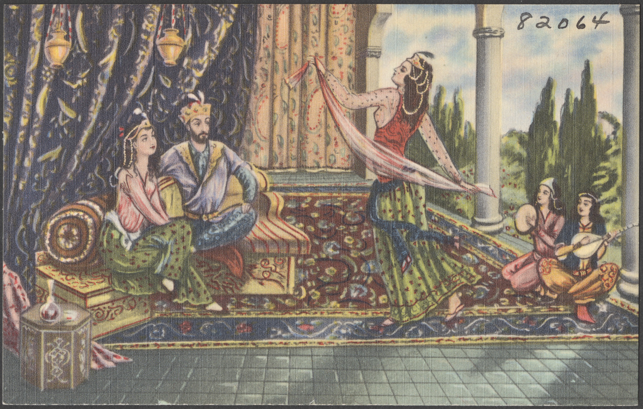 A dancer accompanied by two musicians performing for a man and a woman