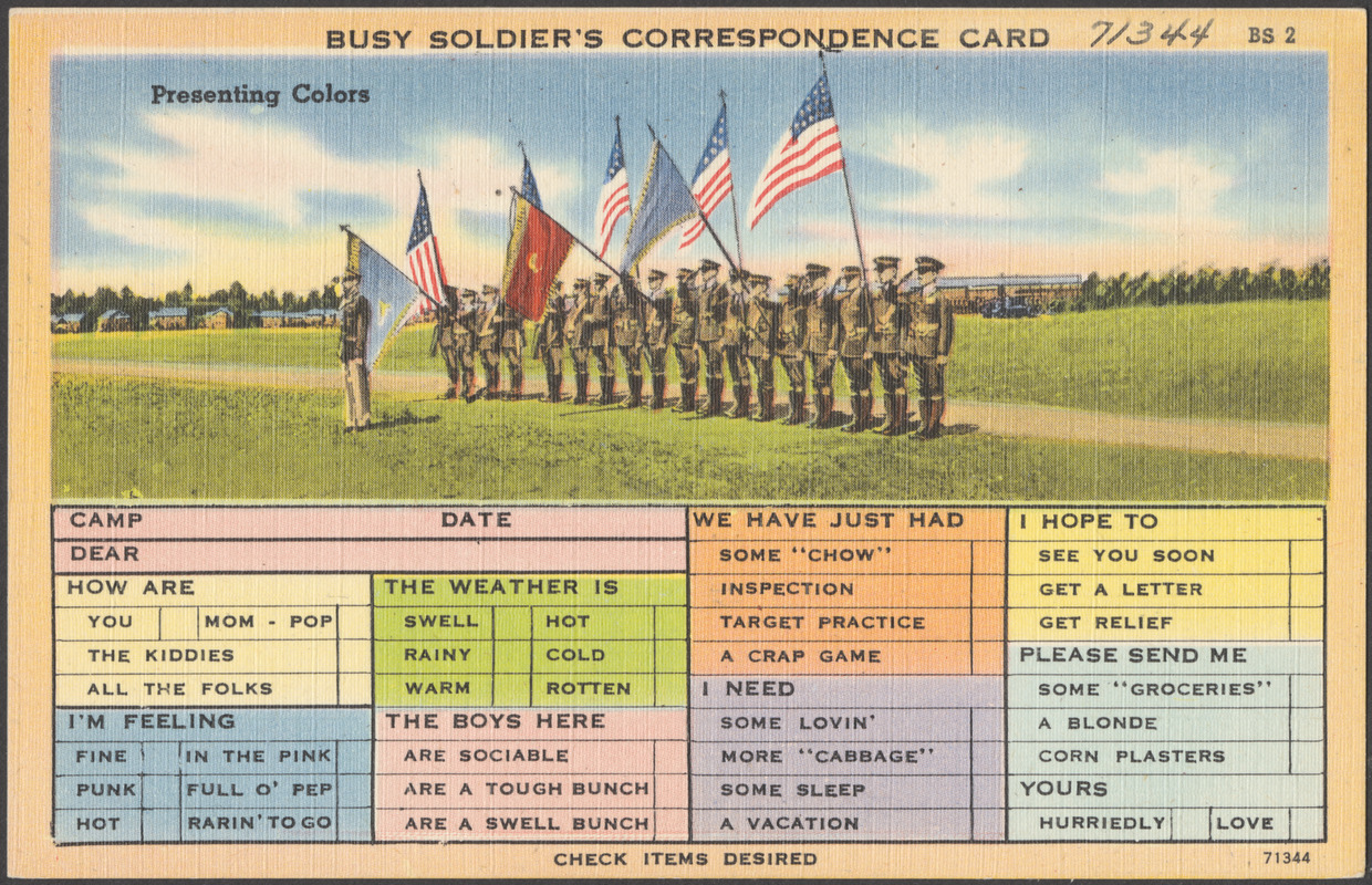 Busy soldier's correspondence card. Presenting colors