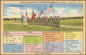 Busy soldier's correspondence card. Presenting colors