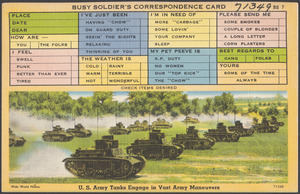 Busy soldier's correspondence card. U. S. Army tanks engage in vast army maneuvers