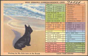 Busy persons correspondence card. Waiting for my pals here at the beach
