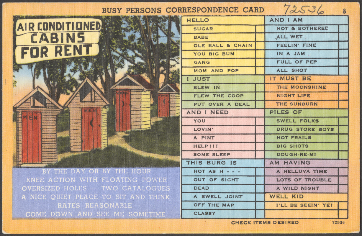 Busy persons correspondence card. Air conditioned cabins for rent