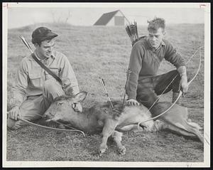 This 150-pound doe was brought down in the Cummaquid section of Barnstable today (Saturday) by Austin Van Duzer (left) and Thomas Leonard (right), using 51-pound and 46-pound bows respectively at over 90 feet. First deer ever shot bow and arrow on Cape Cod fashion/ since the method was legalized in Massachusetts and one of few shot in state. Season ended today. The two archers are local men.