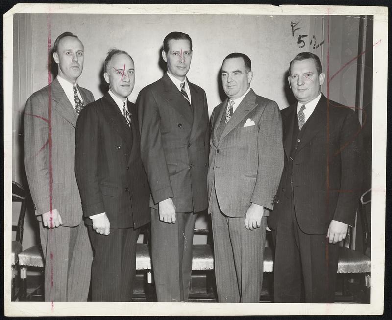 Fund-Raising Committee of the High School of Commerce Alumni Educational Fund, Inc., met at the Hotel Statler last night. Left to right, John M. Canty, George Hansen, president of Chandler & Co., and Gov. Tobin, fund trustees; Arthur O’Keefe, president of First National Stores, fund chairman, and David T. Scott, assistant cashier of First National Bank of Boston, fund trustee.