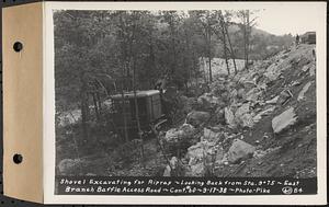 Contract No. 60, Access Roads to Shaft 12, Quabbin Aqueduct, Hardwick and Greenwich, shovel excavating for riprap, looking back from Sta. 9+75, Greenwich and Hardwick, Mass., Sep. 17, 1938