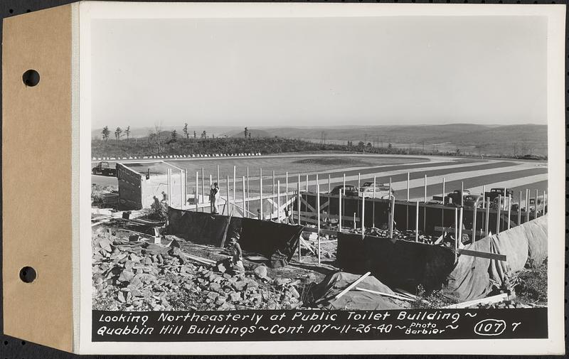 Contract No. 107, Quabbin Hill Recreation Buildings and Road, Ware, looking northeasterly at public toilet building, Ware, Mass., Nov. 26, 1940