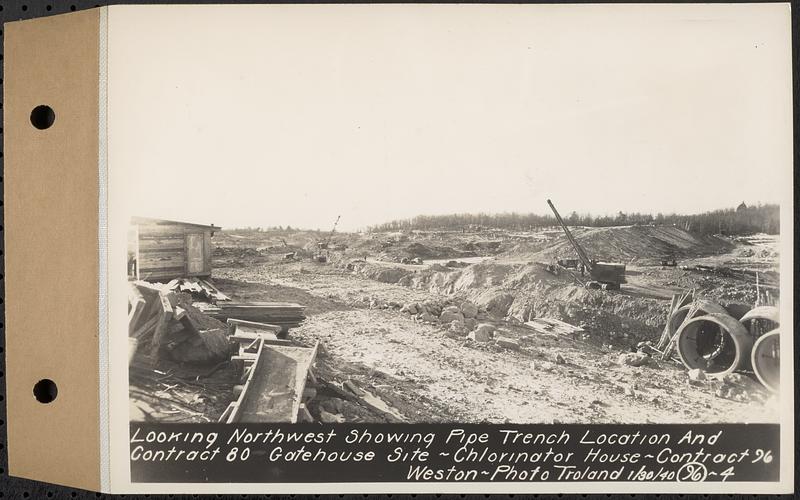 Contract No. 96, Chlorine Storage House and Equipment and Chlorinating Equipment for Gate House at Norumbega Reservoir, Weston, looking northwest showing pipe trench location and Contract 80 gatehouse site, chlorinator house, Weston, Mass., Jan. 30, 1940