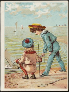 Girl and boy by the beach with a toy boat in the water.