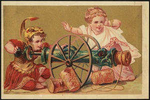 Boy and girl in classical costume, the boy in armor about to fire a cannon while the girl watches.