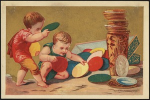 Two boys in classical costume, playing tiddlywinks.