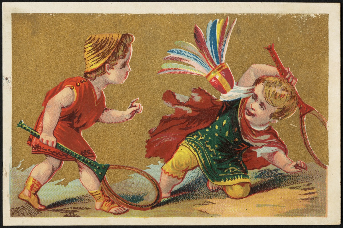 Two boys in classical costume playing badminton.