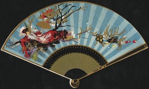 Woman lounging with a fan in her hand, branches in the background.