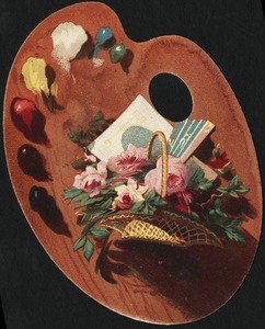 A basket full of flowers, with a fan folded in it.