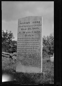 Gravestone marker of Warren Gibbs, Pelham Hill Cemetery, Pelham, Mass., ca. 1938