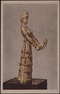Minoan snake goddess. Ivory and gold, 16th century B. C. Museum of Fine Arts, Boston