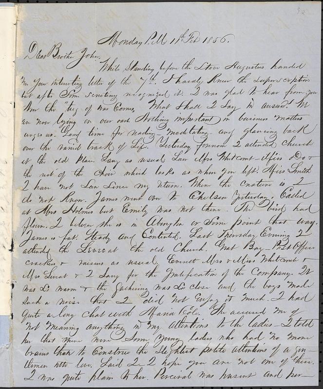 Letter from Zadoc Long to John D. Long, February 11, 1856