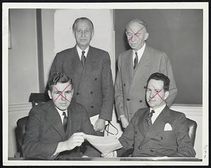 In Suffolk Downs Deal—New treasurer and president respectively of Suffolk Downs today are (front, left to right): John L. Arnold of Brookline and Gordon B. Hanlon of Weston, who succeed (back, left to right): Charles F. Adams, former president, and V.C. Bruce Wetmore, former treasurer.