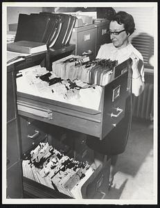 Paint-Smeared Selective Service files are viewed by Miss Betty Fisher, executive secretary of Local Board 30, at the Custom House.