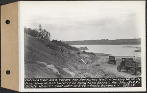 Contract No. 108, Utility Wharves, Quabbin Reservoir, Ware, excavation and forms for retaining wall, looking westerly from wing wall of culvert on road through borrow pit, Sta. 15+25, Ware, Mass., Oct. 3, 1940