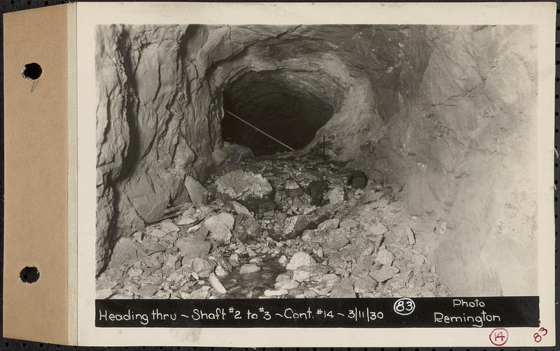 Contract No. 14, East Portion, Wachusett-Coldbrook Tunnel, West Boylston, Holden, Rutland, heading through Shaft 2 to 3, Holden, Mass., Mar. 11, 1930