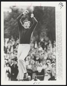 Veteran Doug Sanders drops hif putter, and leaps and yells for joy 4/3 after sinking a five-foot putt on the second hole of a sudden death playoff with young Tom Weikopf to win the $100,000 Greater Greensboro Open golf tournament. Sanders and Weikopf ended regular play tied at 8 under bar. This was Sanders third PGA victory on the winter tour.