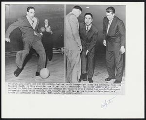 Soccer's Not For The Socker -- Onetime world heavyweight champ Max Schmeling found his footwork faulty in this stunt. Max, now 50, set out to demonstrate his soccer agility at a sports carnival in Frankfurt, Germany, over the weekend and wound up with a pulled leg muscle. Ex-European heavyweight champ Heinz Neuhaus, right, sympathizes with Max as the injured athlete consults a doctor in attendance at the show.