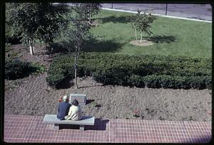 Two people sitting on a stone bench by a plaque and green space