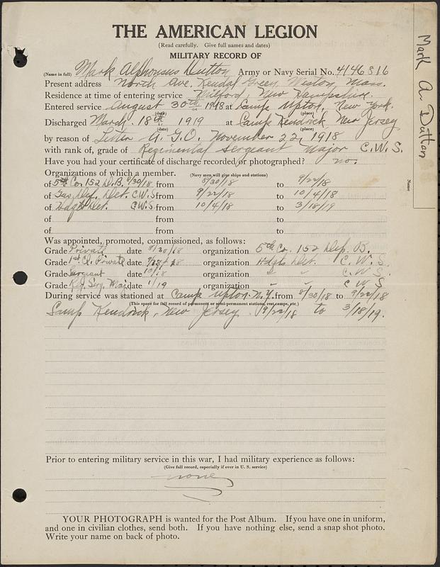 American Legion military record of Mark Alphonsus Dutton