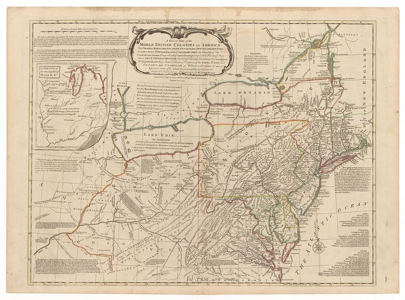 A general map of the Middle British Colonies in America viz. Virginia, Maryland, Delaware, Pensilvania, New-Jersey New York, Connecticut & Rhode Island. of Aquanishuonigy the country of the confederate Indians comprehending Aquanishuonigy proper, their places of residence, Ohio & Thuchsochruntie their deer hunting countries, Couchsachrage & Skaniadarade their beaver hunting countries, of the lakes Erie Ontario & Champlain wherein is also shown the antient & present seats of the Indian nations