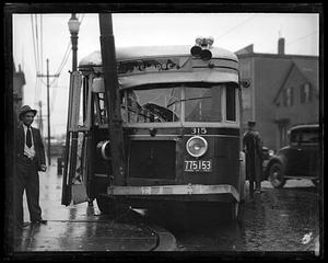 A wrecked Melrose bus which has hit a pole
